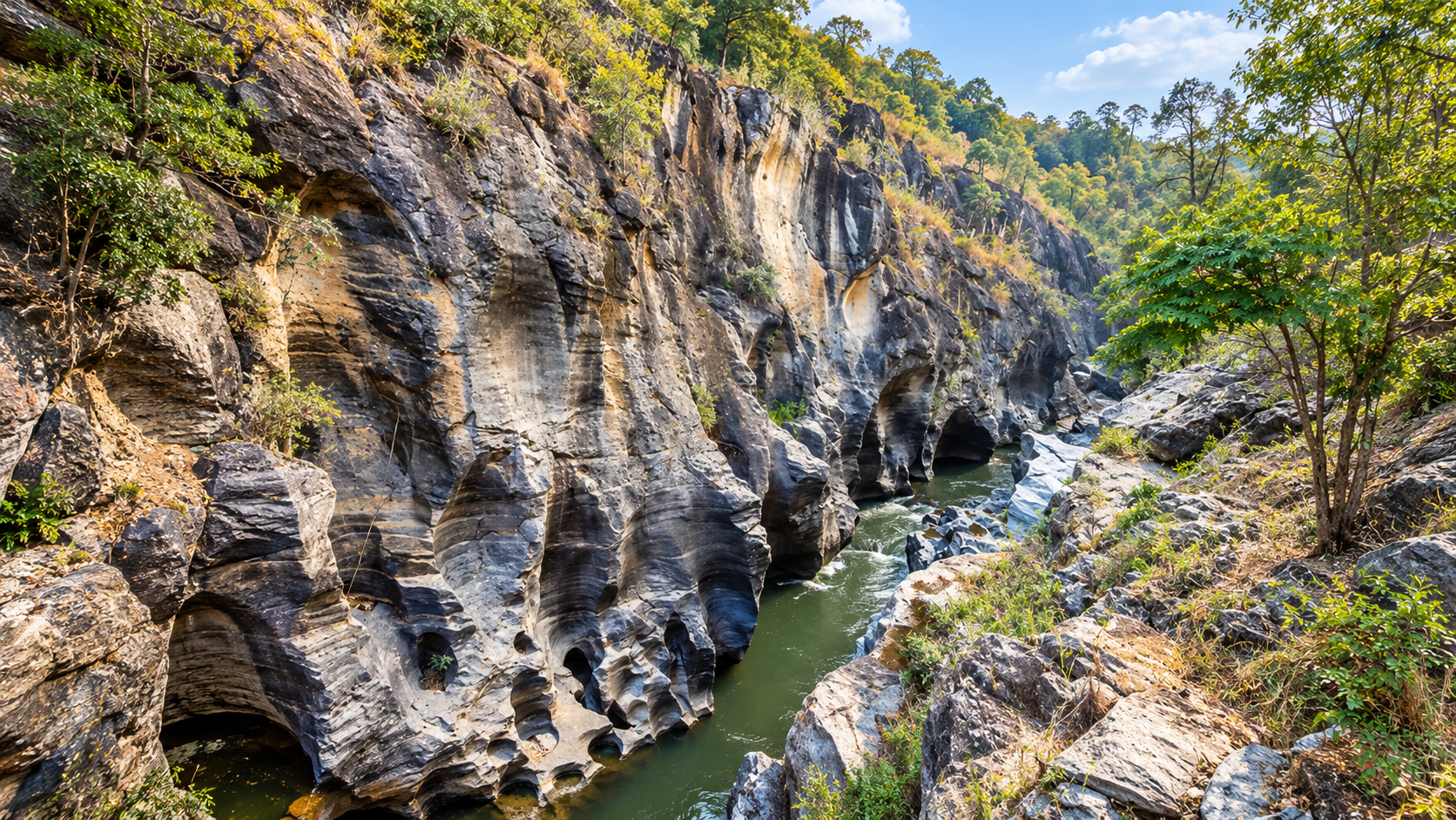 Water-eroded rock walls and turquoise Mae Khan River inside Ob Khan Gorge Chiang Mai