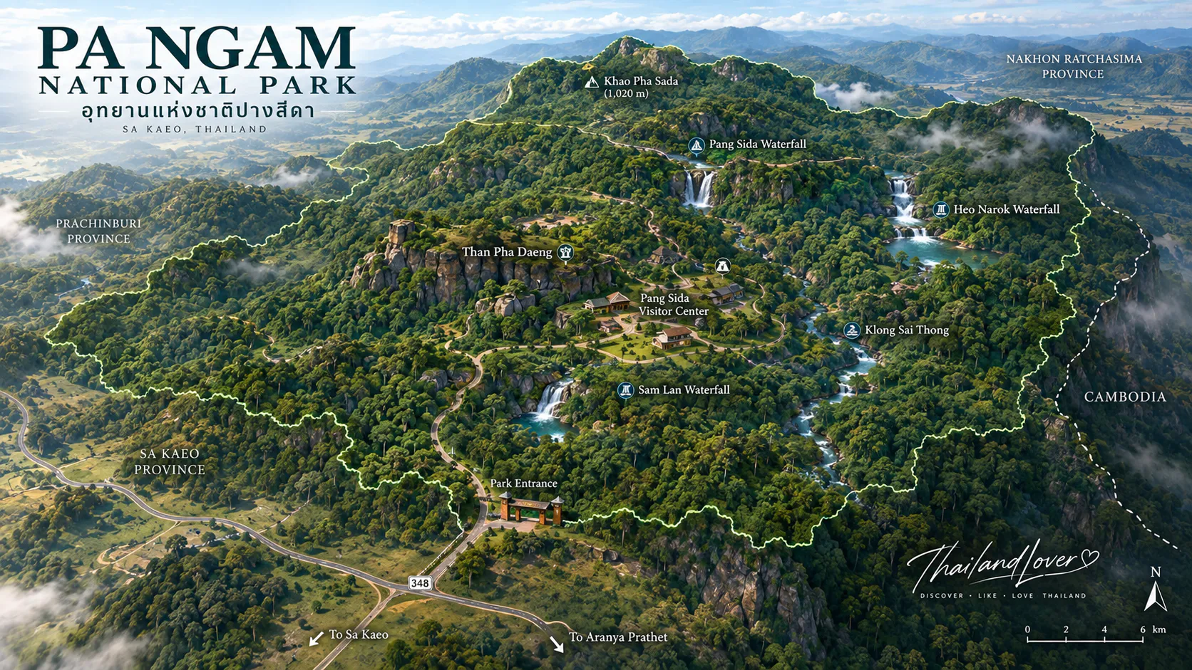 Illustrated orientation map of Pang Sida National Park in Sa Kaeo Thailand
