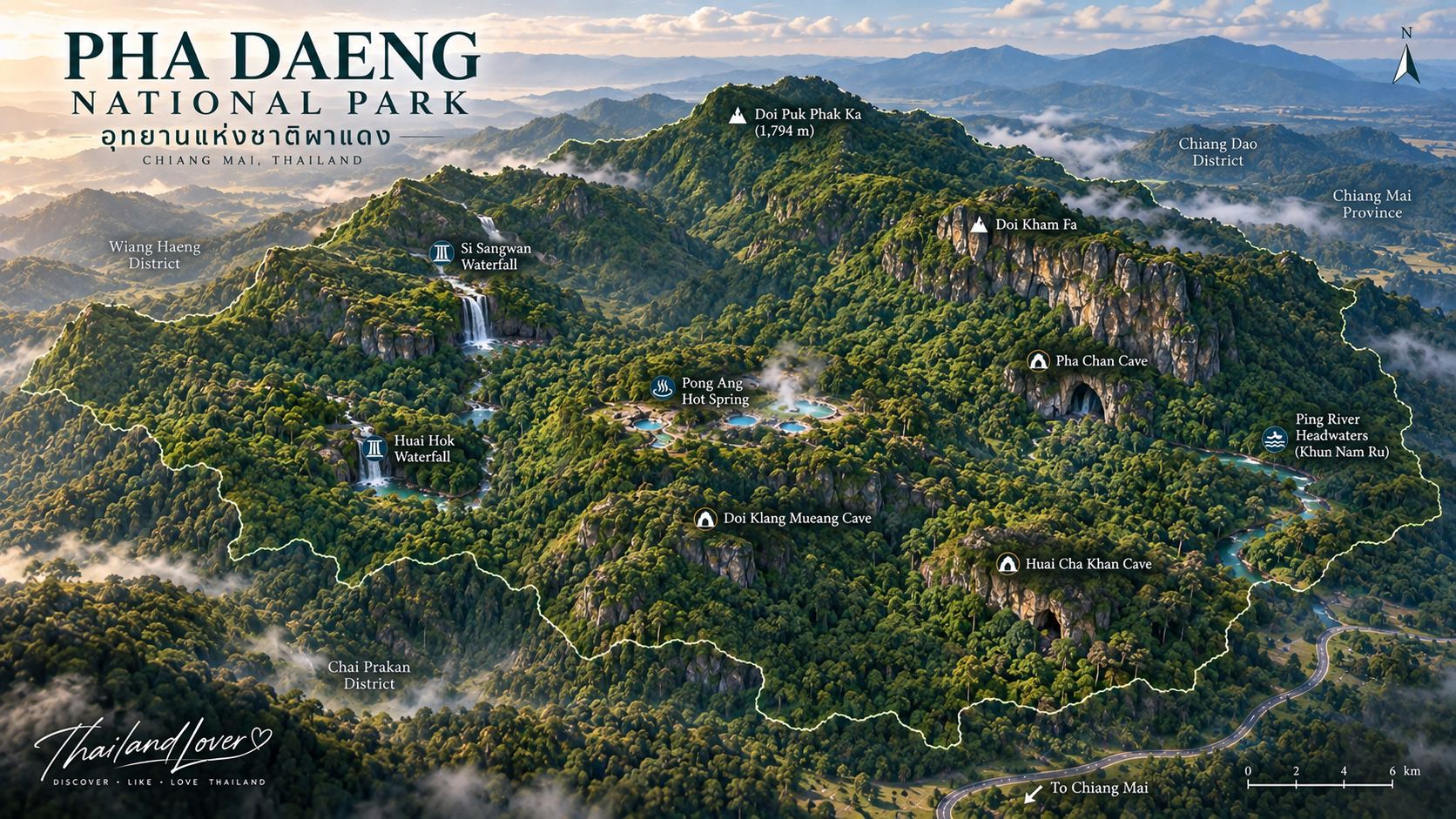 Illustrated orientation map of Pha Daeng National Park in Chiang Mai Thailand