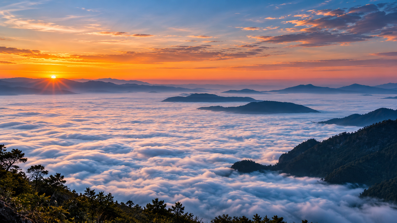 Phu Chi Fa mountain cliff at sunrise above the misty mountains of Chiang Rai, Thailand