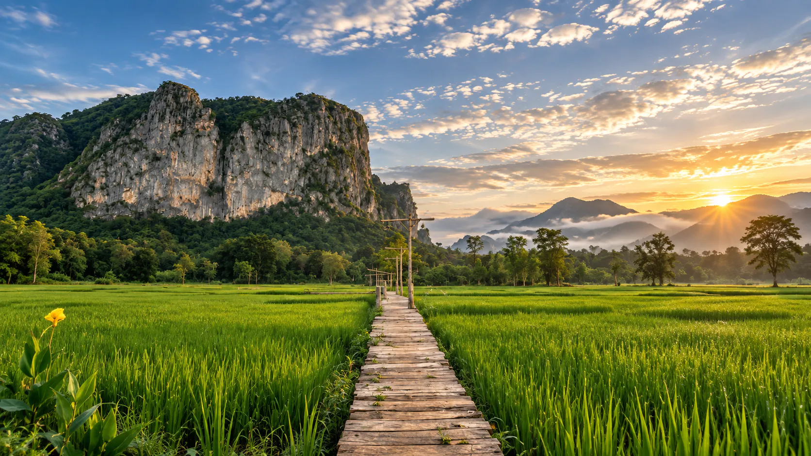 Limestone cliffs rising above green rice fields at sunset in Phu Pha Man
