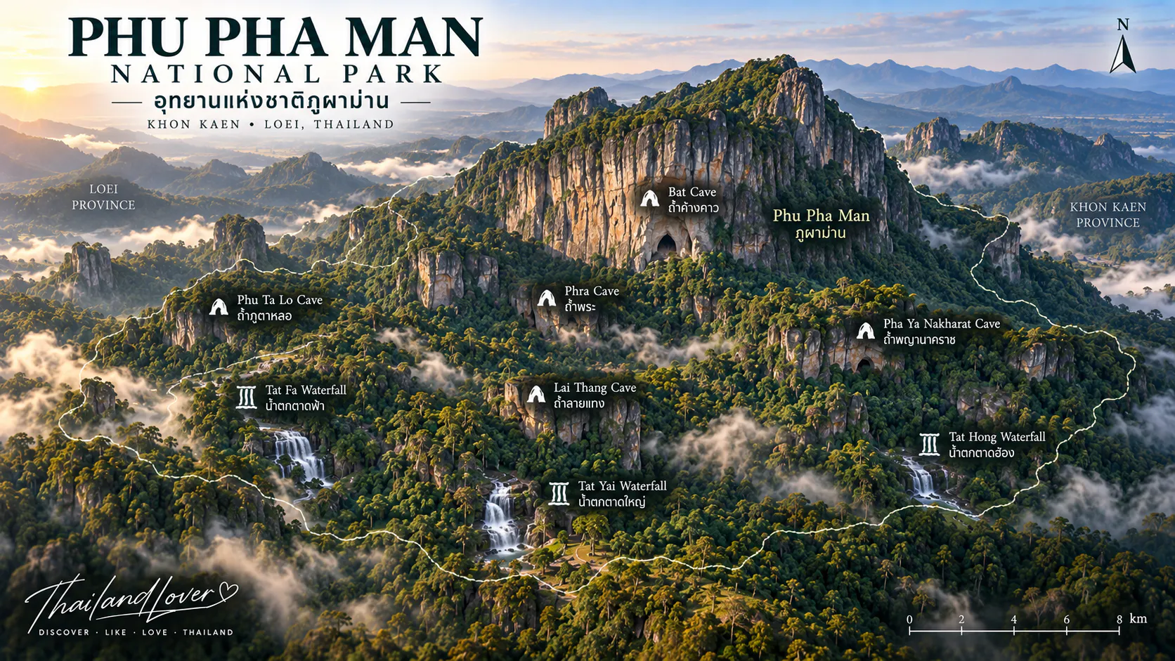 ThailandLover illustrated map of Phu Pha Man National Park showing its caves and major waterfalls