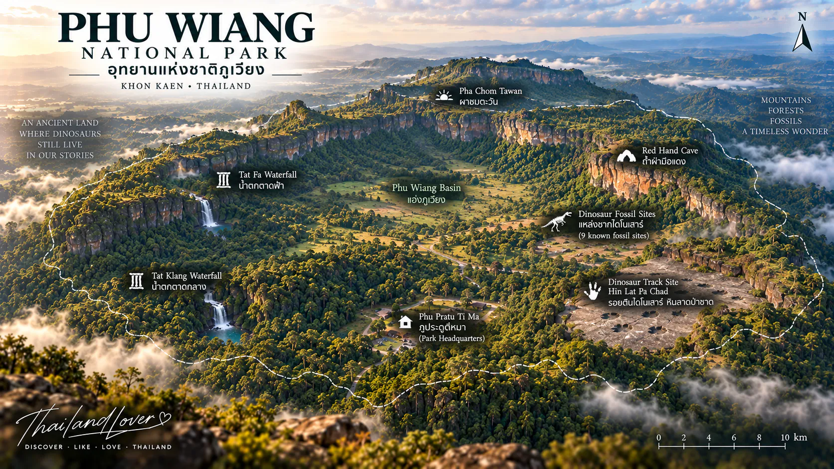 ThailandLover illustrated map of Phu Wiang National Park showing the mountain basin, dinosaur sites, museum and waterfalls