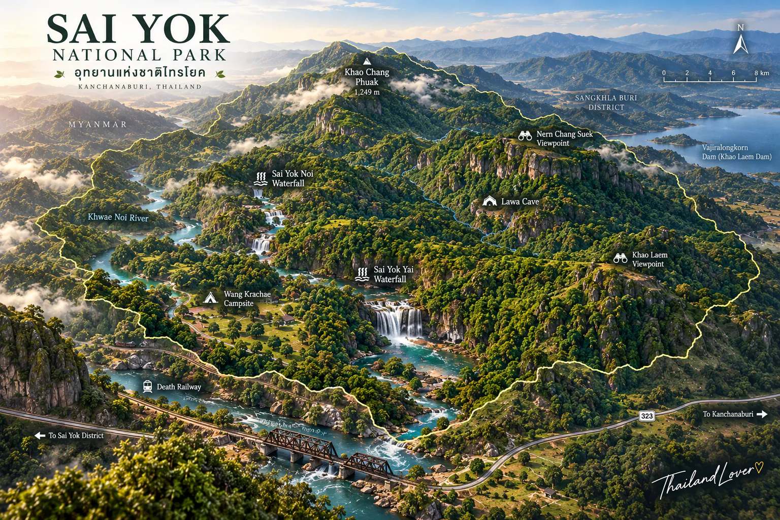 Illustrated orientation map of Sai Yok National Park in Kanchanaburi showing the Khwae Noi River, Sai Yok Yai and Sai Yok Noi waterfalls, Lawa Cave, the Death Railway, Highway 323 and the Myanmar border