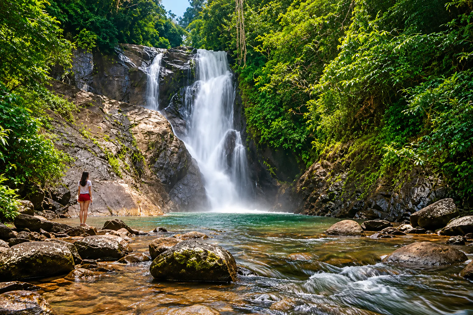 A multi-tiered rainforest waterfall falling into a turquoise pool, with a visitor on the rocks, at Si Phang-nga National Park, Phang Nga
