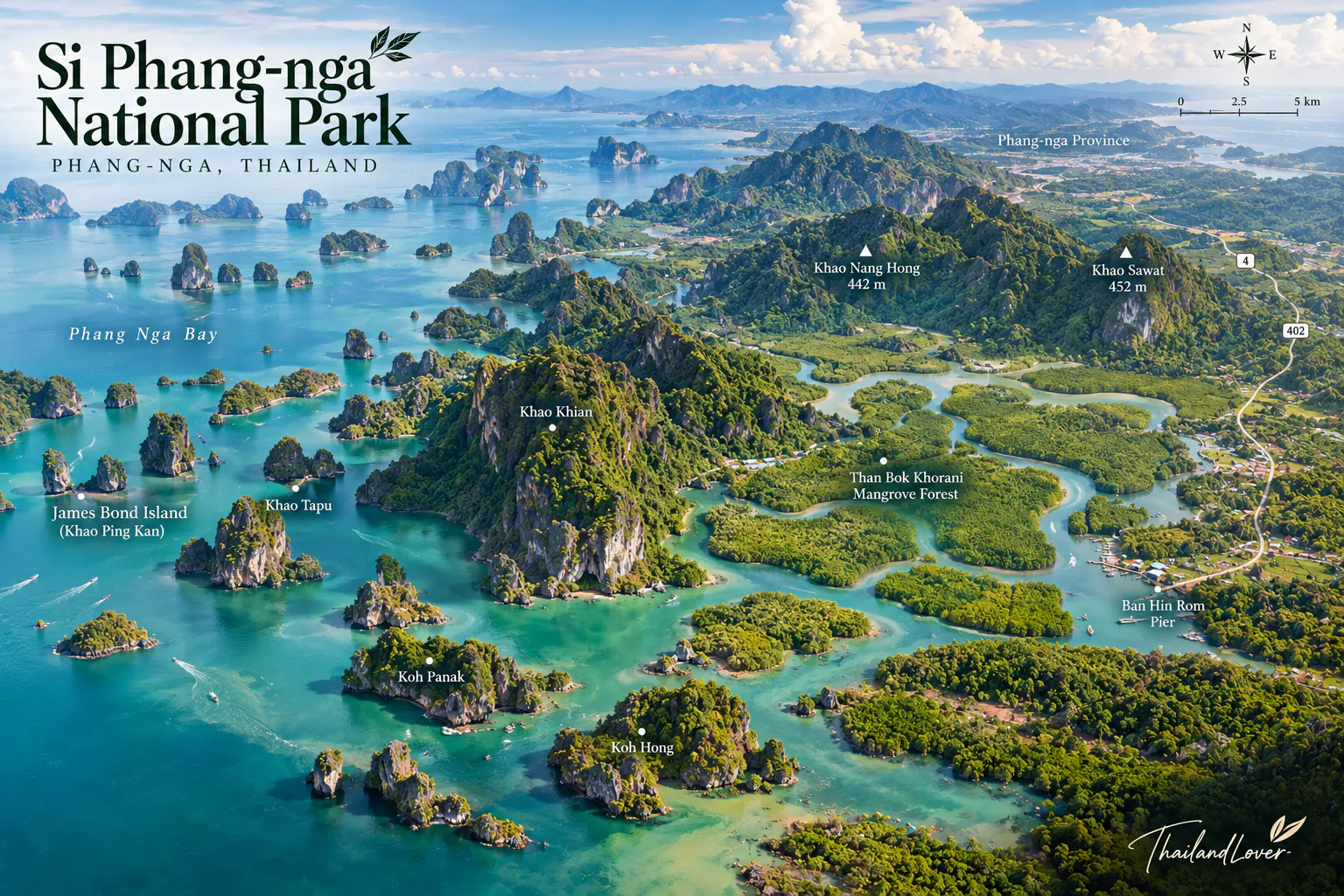 ThailandLover aerial orientation of Phang Nga Province, showing limestone islands in Phang Nga Bay, mangrove channels and forested ridges beside the Andaman coast