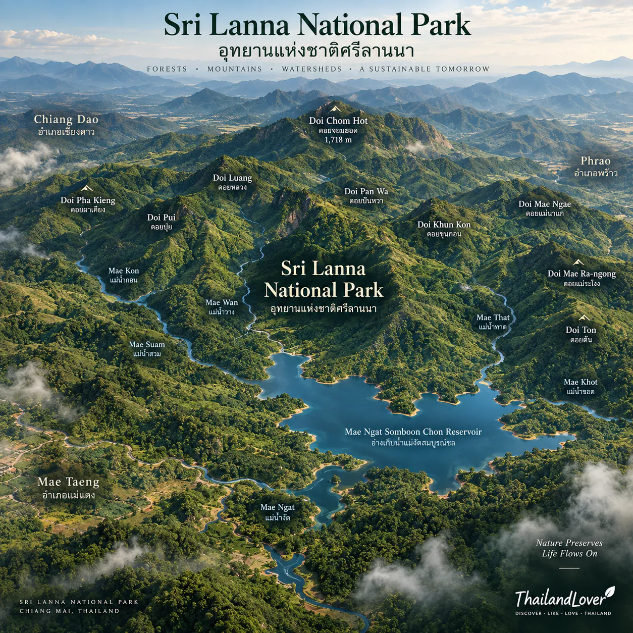 Illustrated map of Sri Lanna National Park showing Doi Chom Hot (1,718 m) and surrounding peaks, the Mae Ngat Somboon Chon Reservoir, the Mae Kon, Mae Wan, Mae Suam, Mae That, Mae Khot and Mae Ngat streams, and the districts of Chiang Dao, Phrao and Mae Taeng