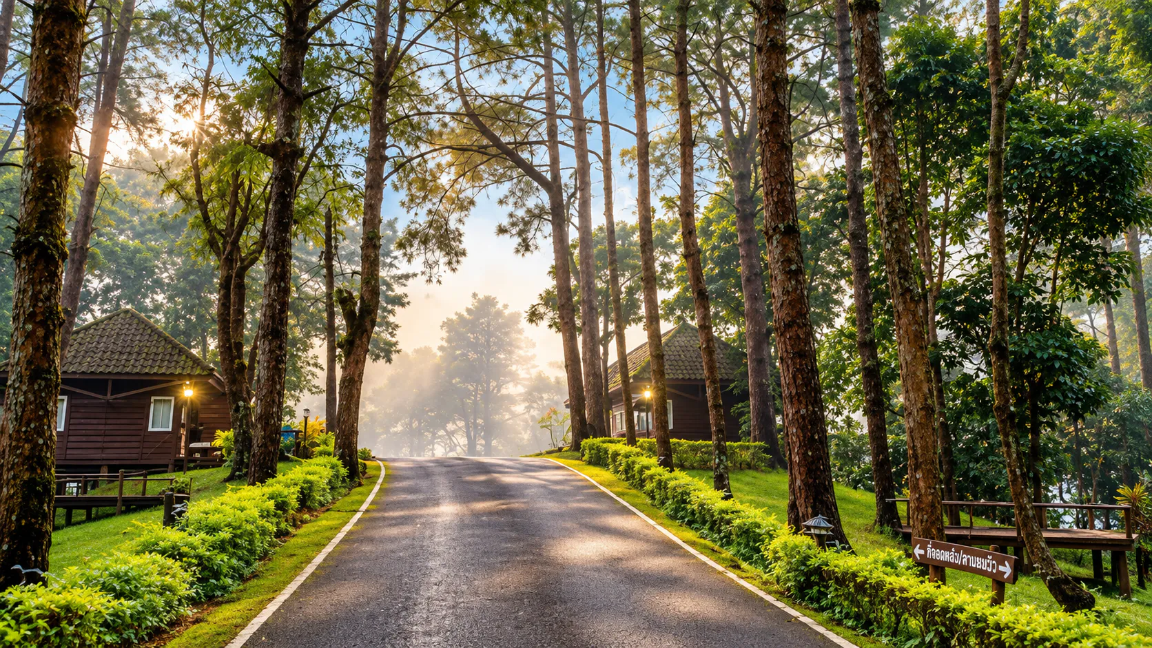 Golden-hour light through pine forest along the park road and wooden lodges at Taksin Maharat National Park, Tak