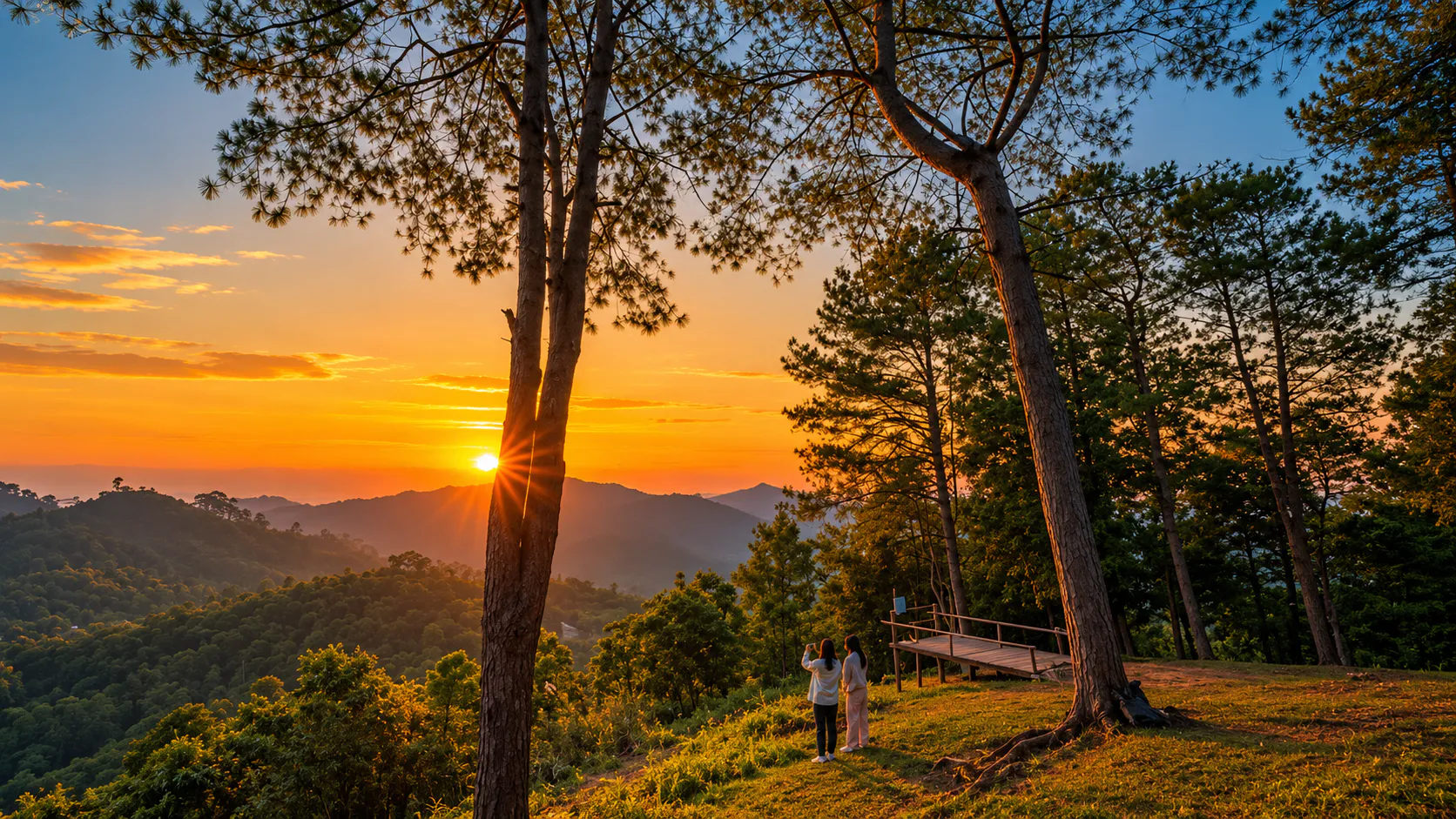 Sunset sunburst over layered mountain ridges from a pine viewpoint at Taksin Maharat National Park