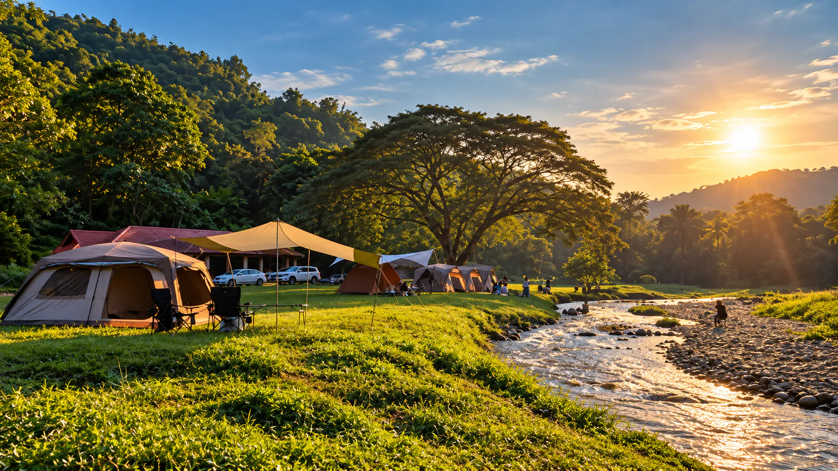 Riverside camping beside a rocky stream under forested mountains at golden hour in Tat Mok National Park, Phetchabun
