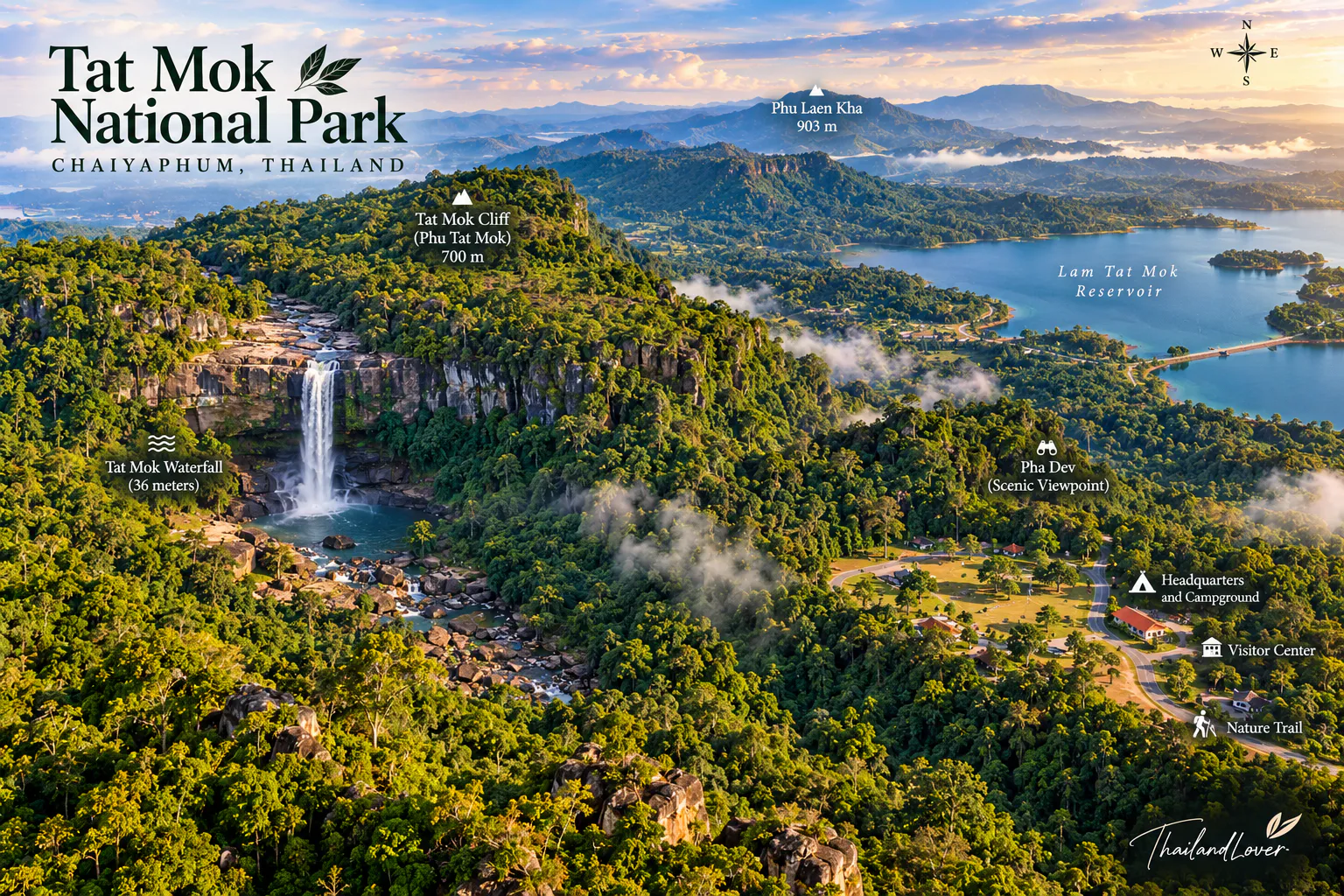 Illustrated map of Tat Mok National Park showing mountain forest, waterfall areas, visitor facilities and landscape orientation