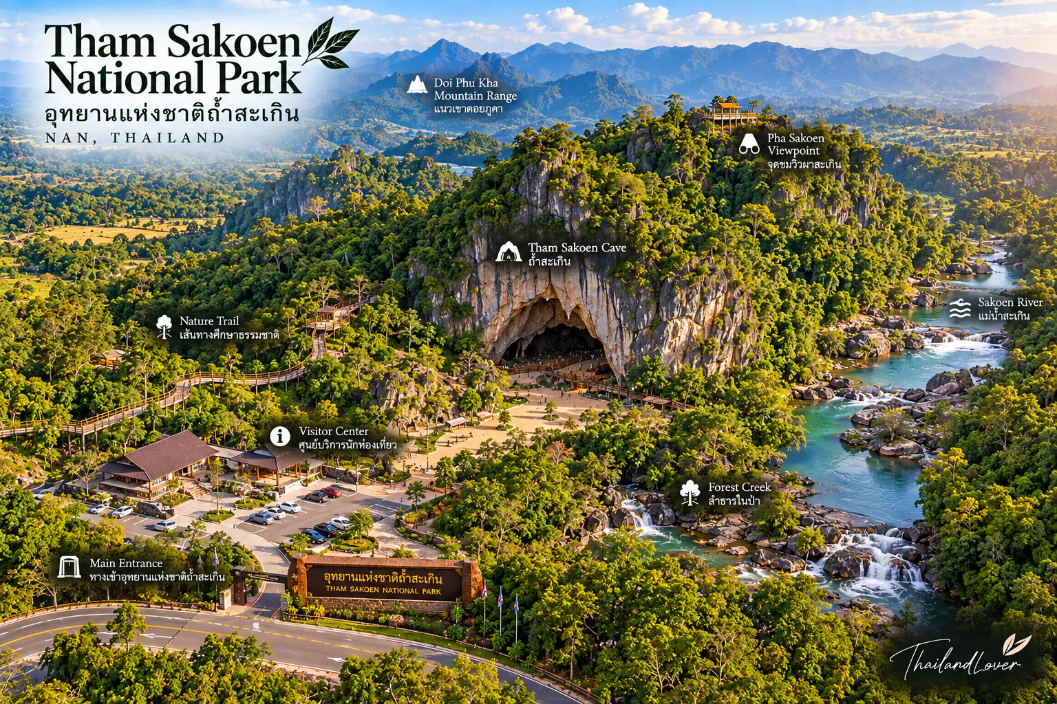 Illustrated orientation map of Tham Sakoen National Park showing Ban Sakoen, Tham Luang Sakoen, waterfalls and mountain ridges across Nan and Phayao