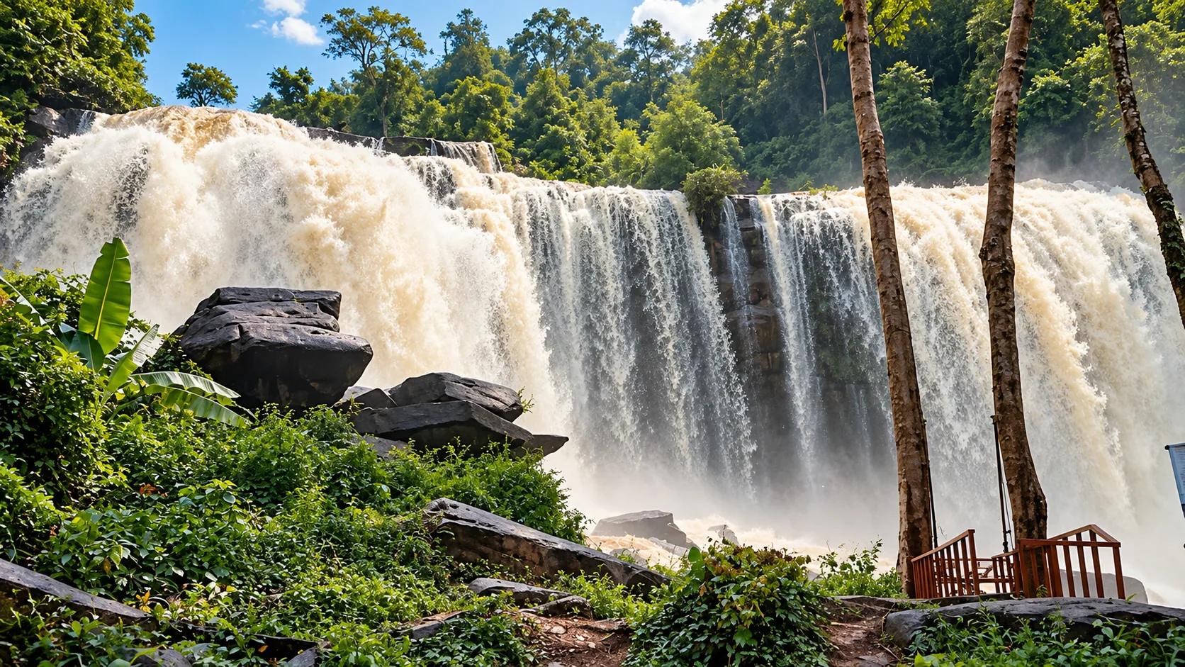 Powerful multi-tiered waterfall cascading through lush tropical forest at Thap Lan National Park