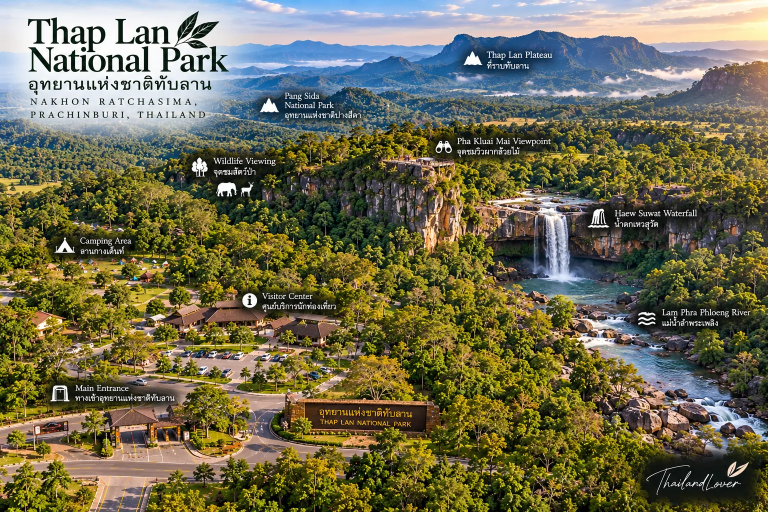 Illustrated orientation map of Thap Lan National Park across Nakhon Ratchasima and Prachin Buri, showing forested mountains, visitor areas and ThailandLover branding