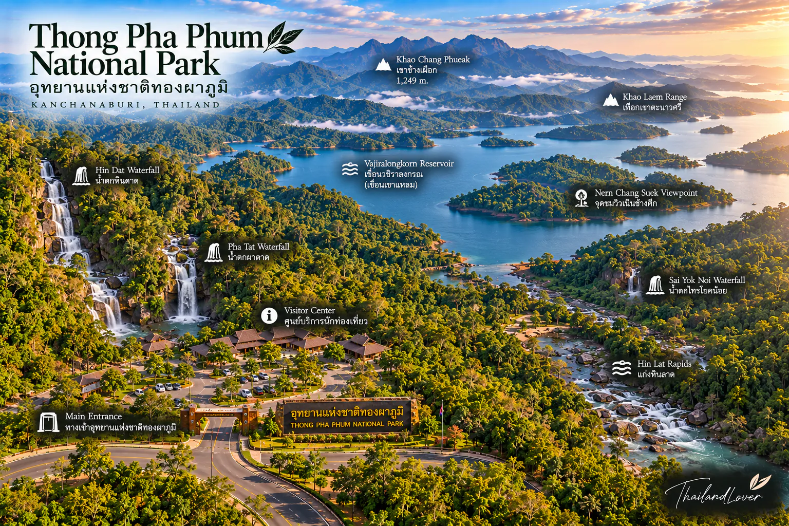 Illustrated map of Thong Pha Phum National Park in Kanchanaburi, showing Khao Chang Phueak, forested mountains, waterfalls, the visitor area and the Vajiralongkorn reservoir landscape