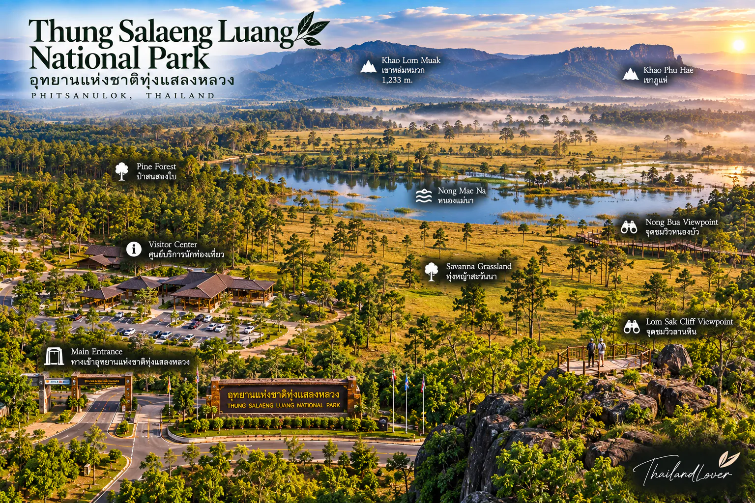 ThailandLover orientation of Thung Salaeng Luang National Park, showing savanna grassland, pine forest, Nong Mae Na, visitor areas and mountain ridges across Phitsanulok