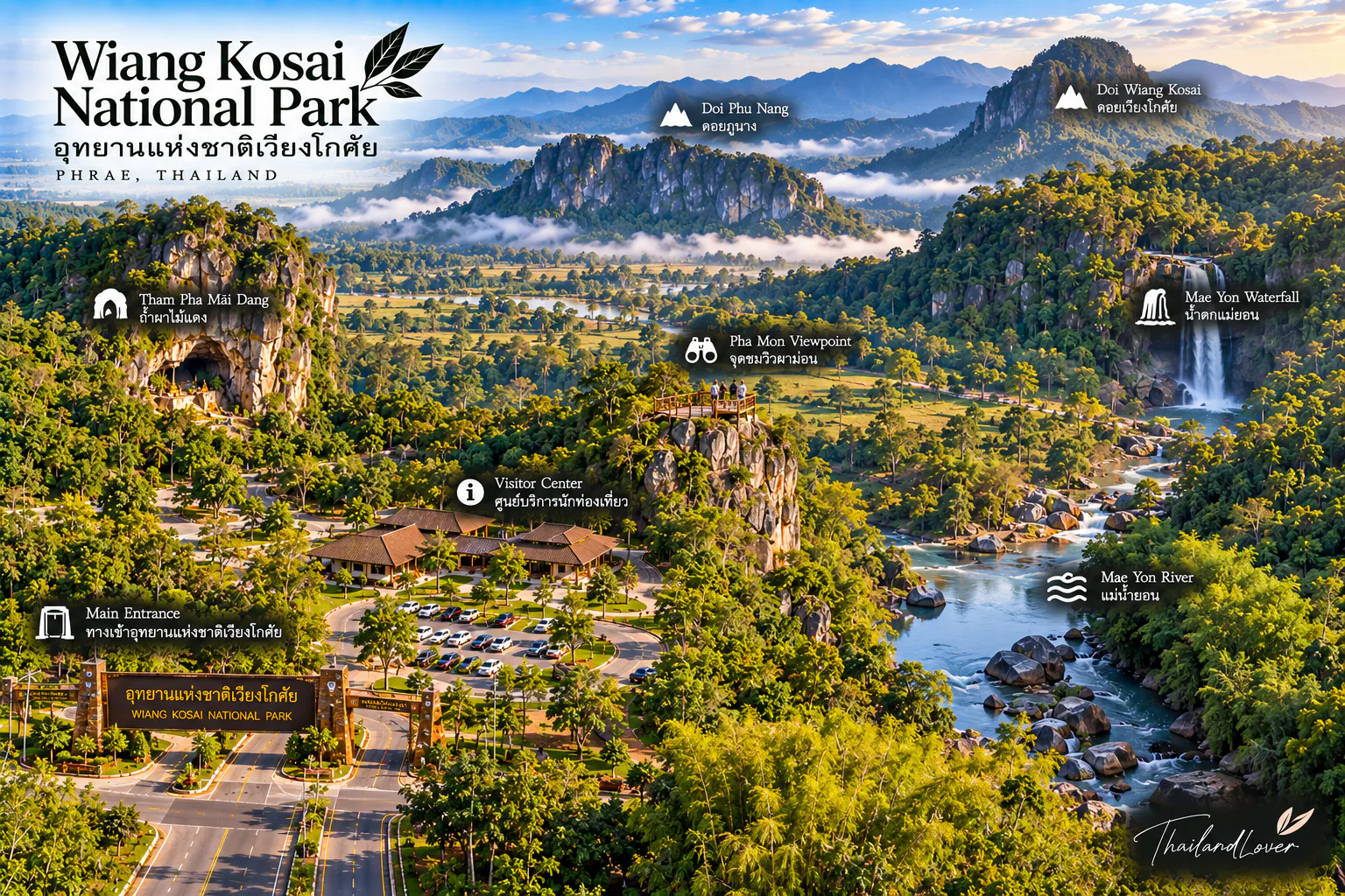 Illustrated ThailandLover map of Wiang Kosai National Park in Phrae, showing forested mountain terrain, entrance, visitor area and waterfall country