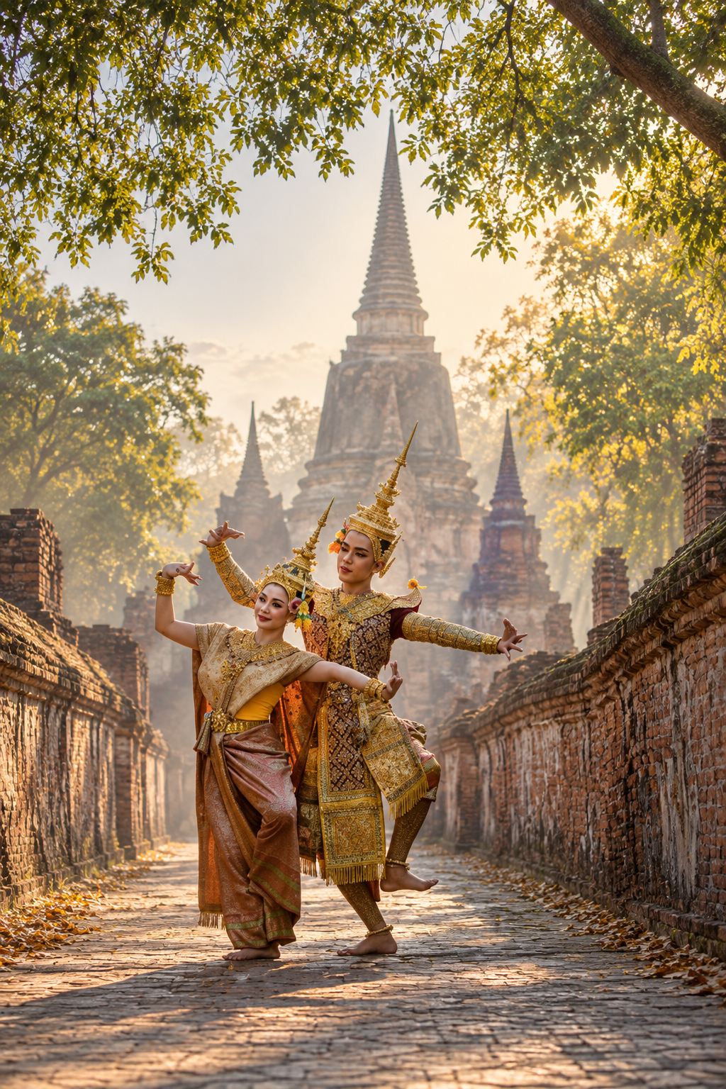 Traditional Thai costumes at a historic temple site