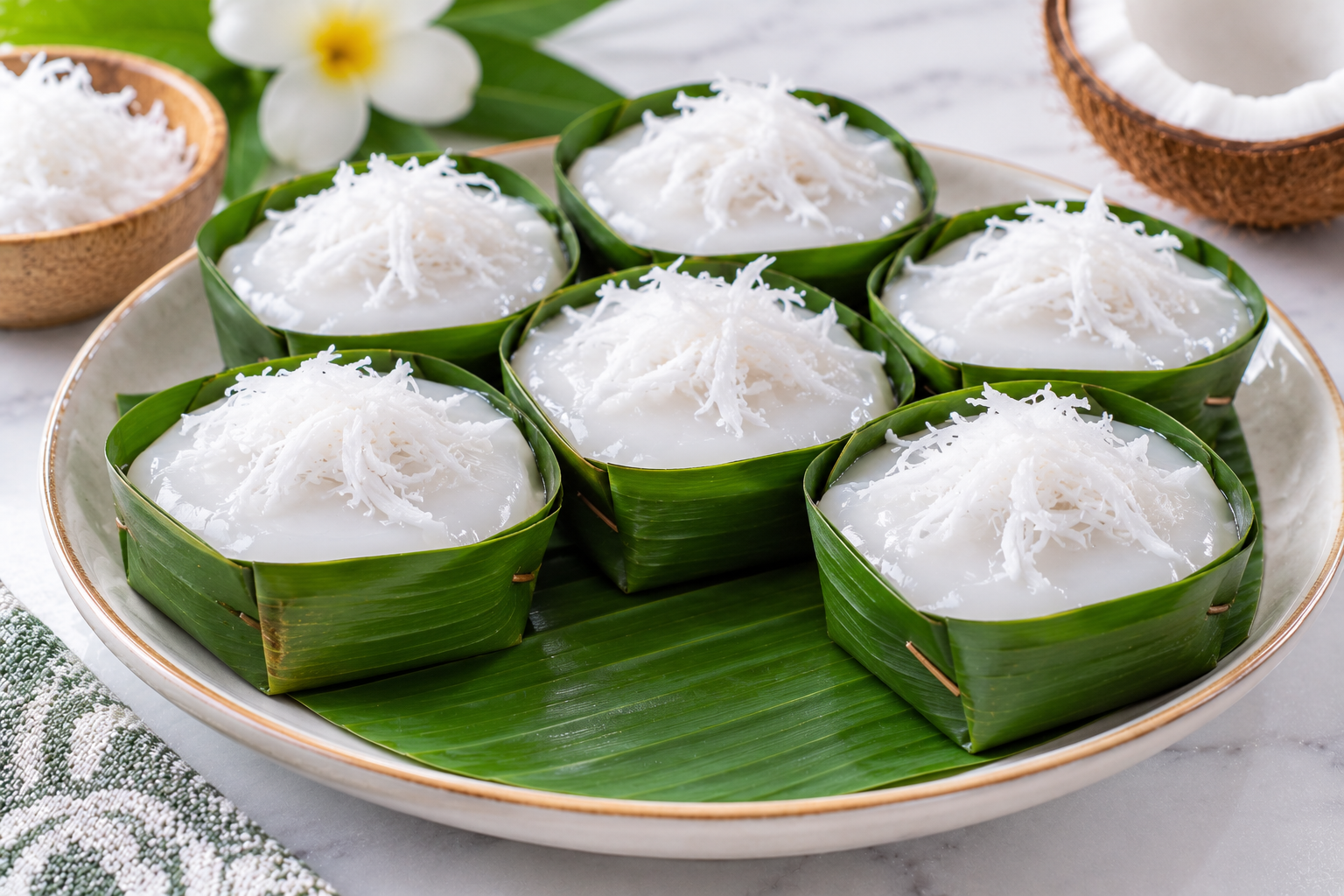Khanom Piak Poon, Thai coconut pudding with grated coconut