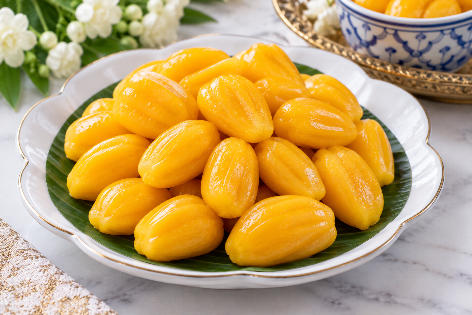 Med Khanun, mung bean paste shaped like jackfruit seeds