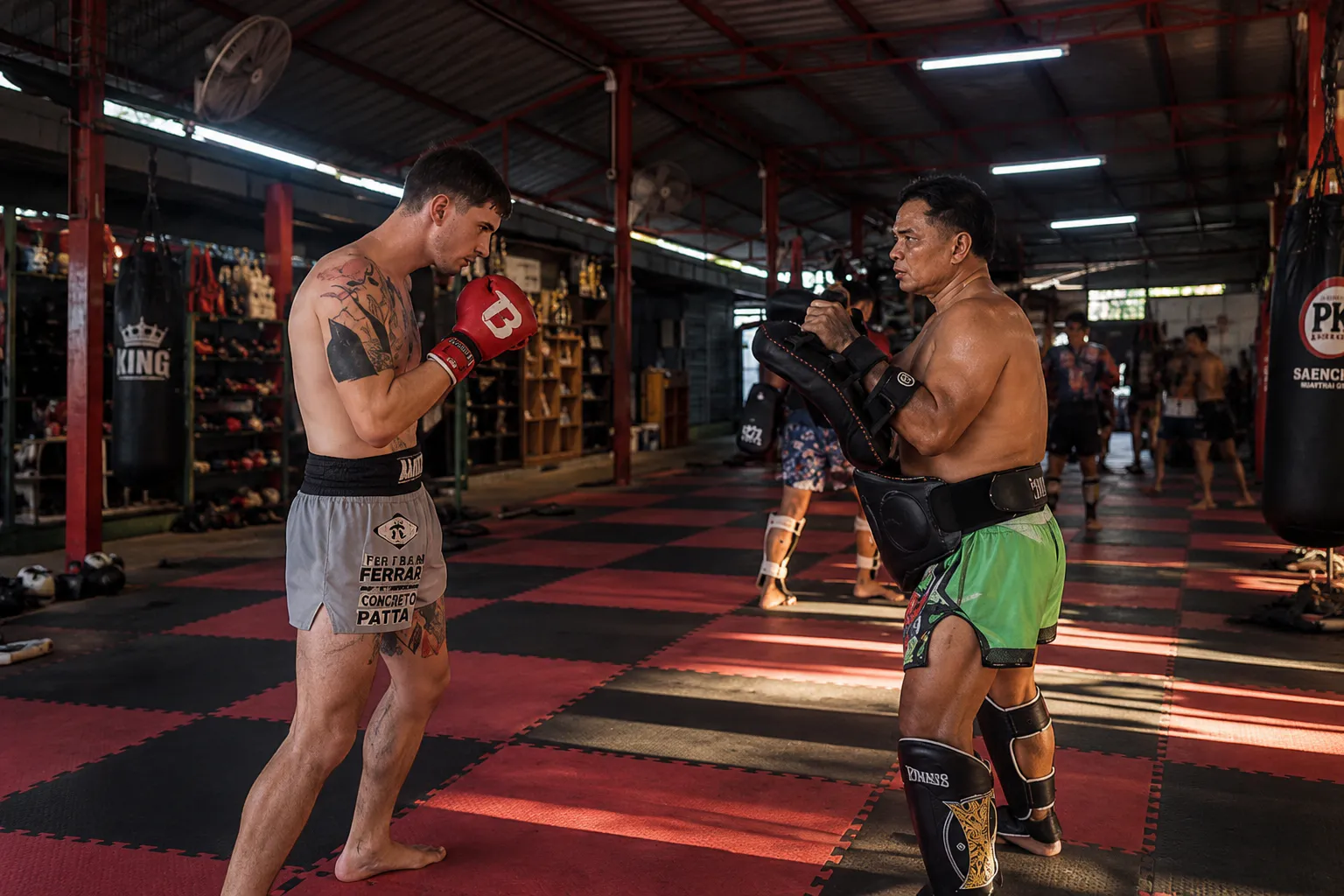 Pad work on the red-and-black mats at Jitmuangnon gym