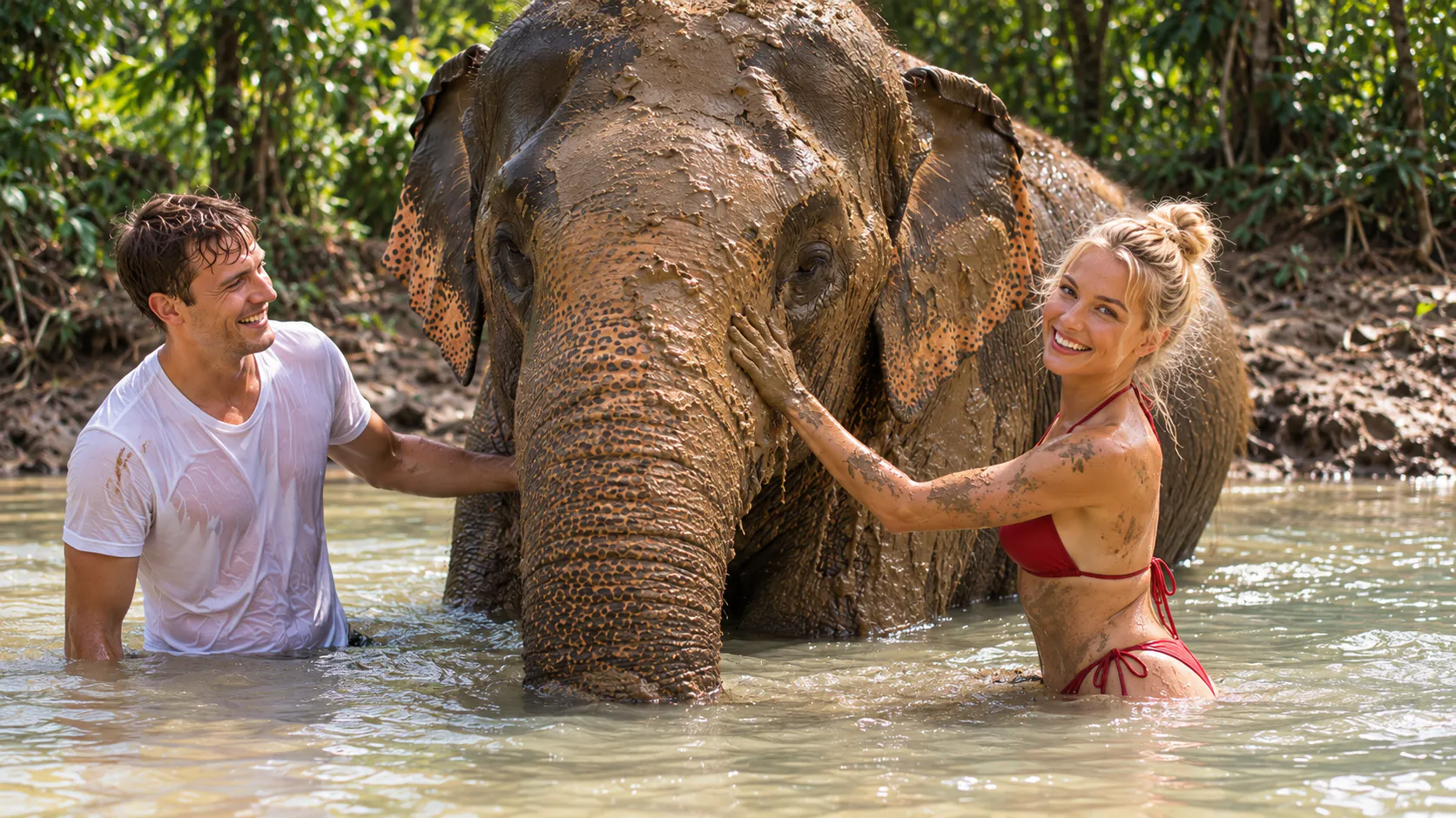 Elephant mud spa and bathing at a sanctuary