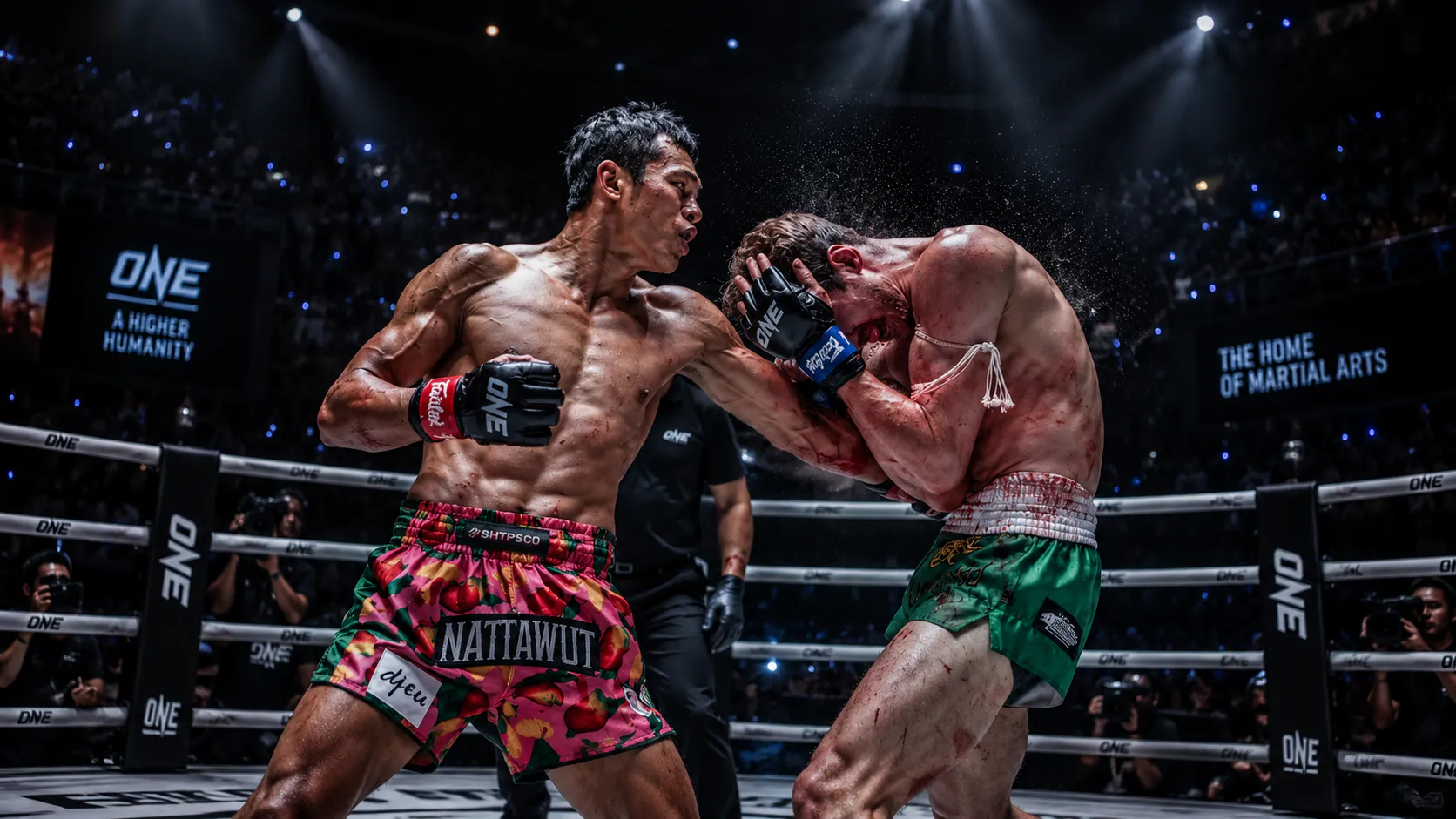 Two Muay Thai fighters exchanging strikes under the lights at a live ONE Championship event