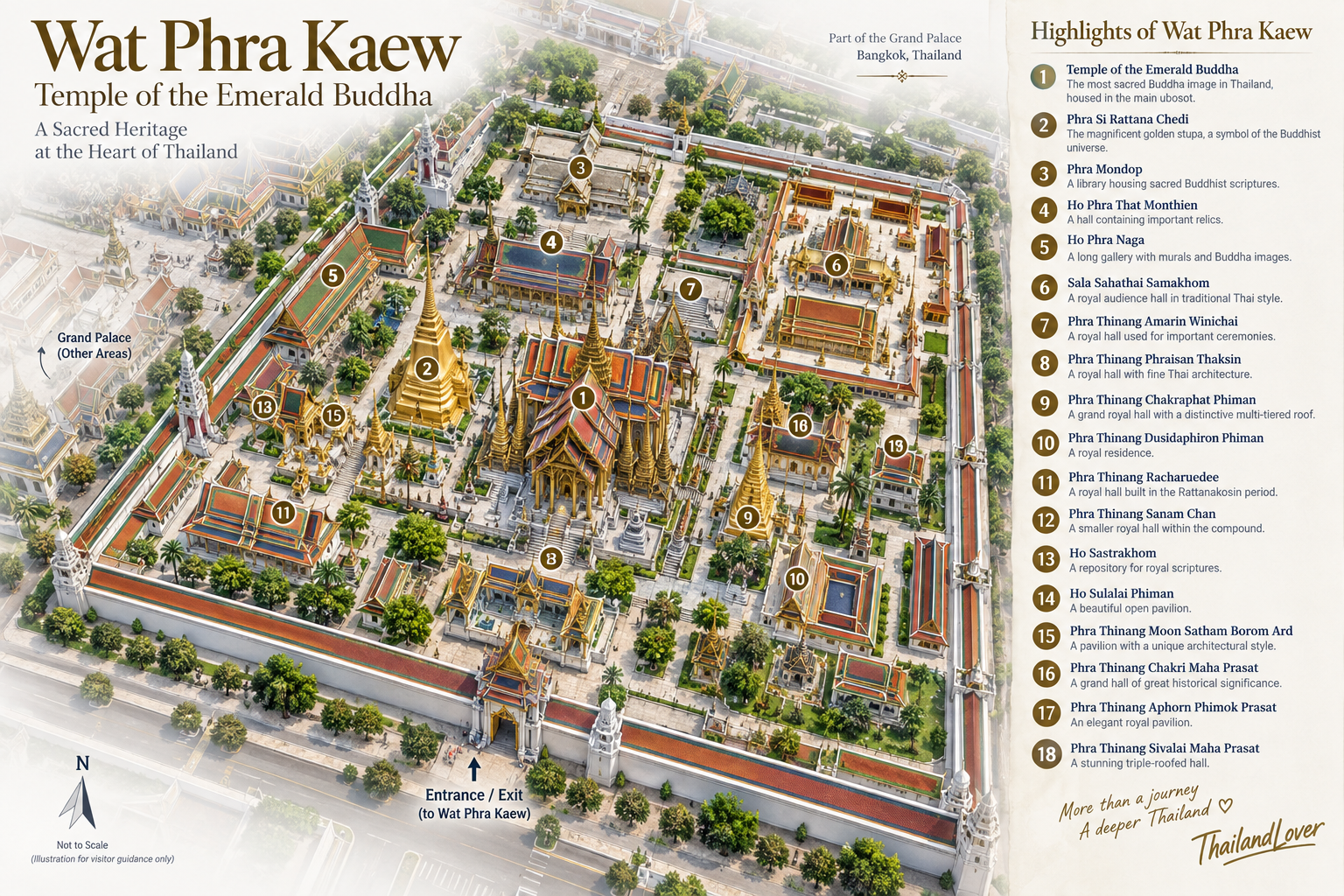 Detailed isometric map of Wat Phra Kaew, Temple of the Emerald Buddha, with numbered highlights and legend