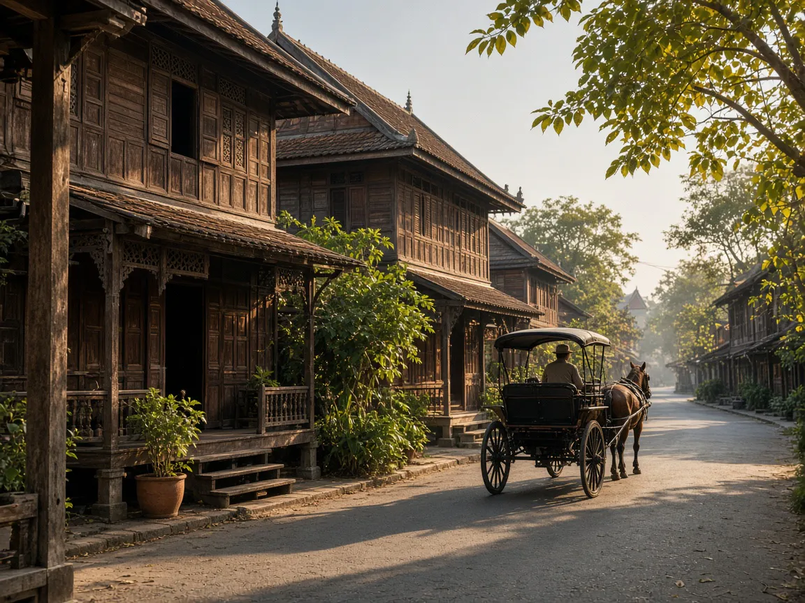 Traditional wooden street and horse carriage in Lampang