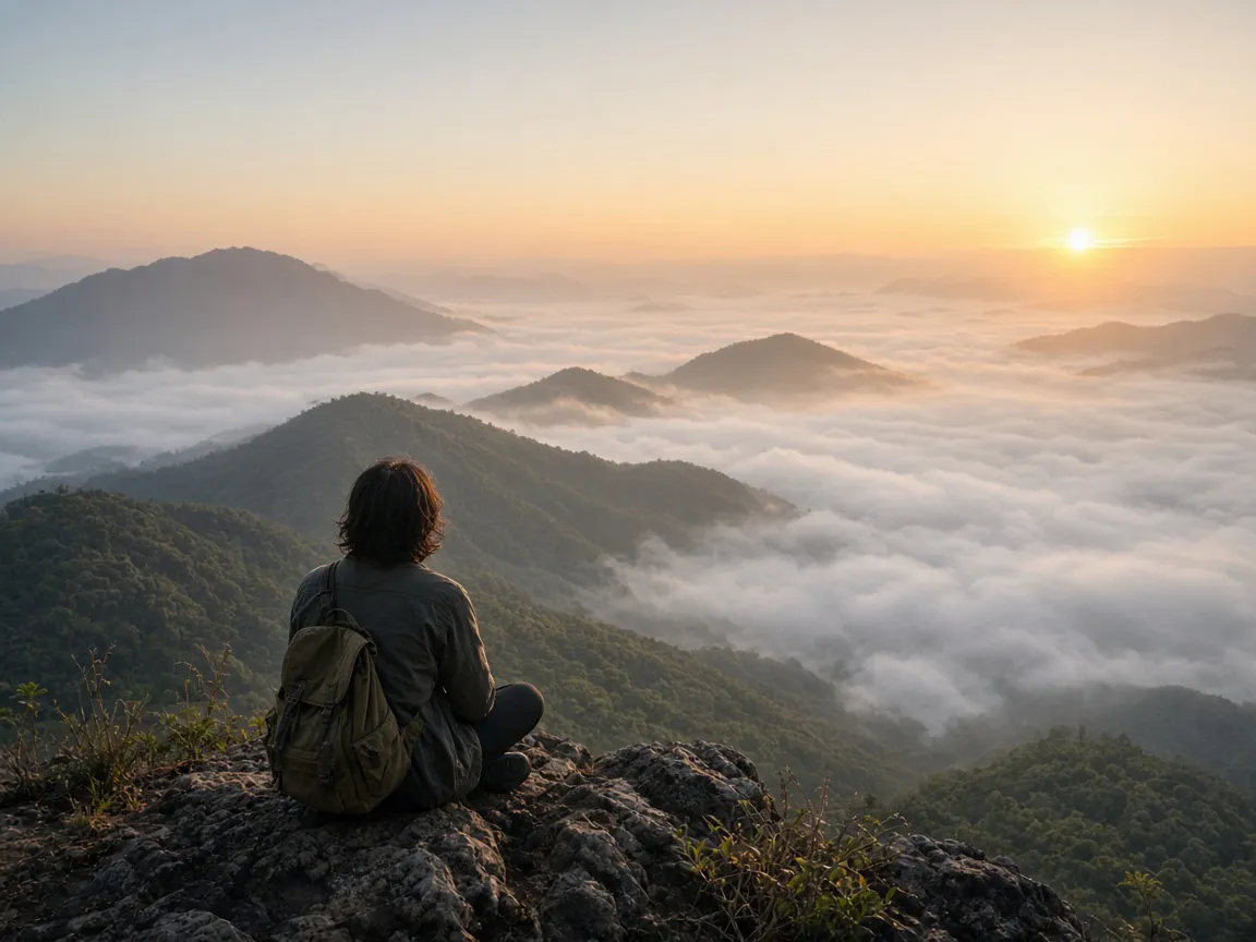 Traveler overlooking a sea of mist near Pai, Mae Hong Son