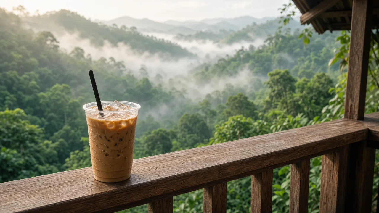 Iced coffee on a wooden balcony overlooking a green mountain valley