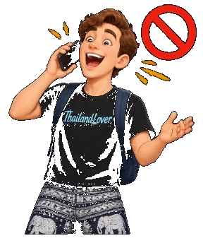 Tourist shouting on a phone with a no symbol